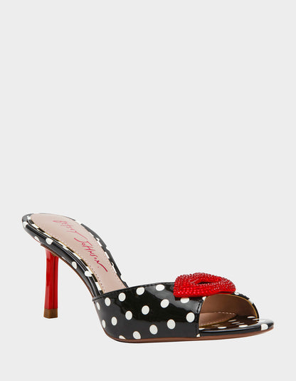 Betsey Johnson CASIDY WHITE BLACK POLKA DOT Women's Polka Dot Mule Heels with Rhinestone Lip