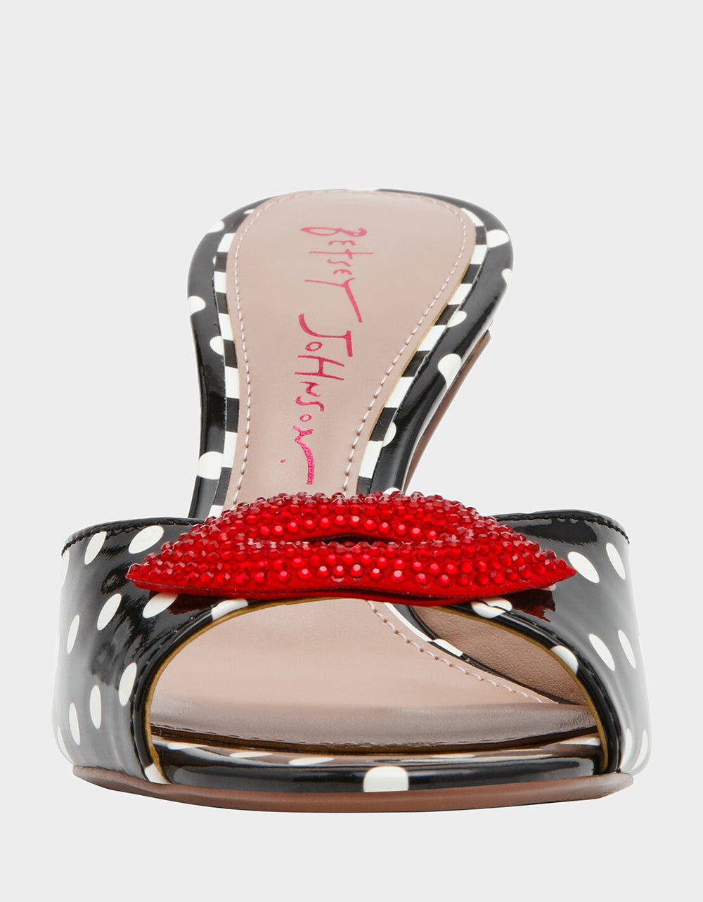 Betsey Johnson CASIDY WHITE BLACK POLKA DOT Women's Polka Dot Mule Heels with Rhinestone Lip