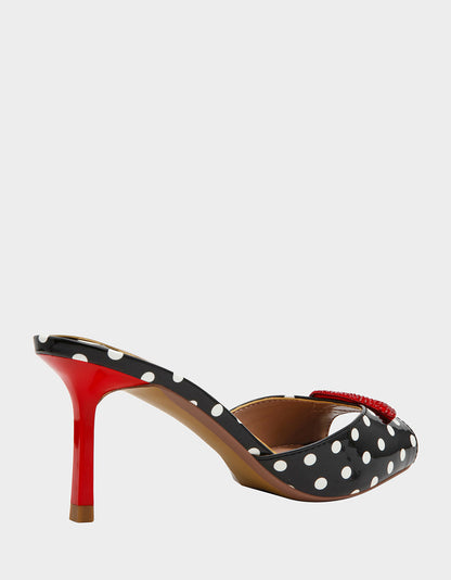 Betsey Johnson CASIDY WHITE BLACK POLKA DOT Women's Polka Dot Mule Heels with Rhinestone Lip
