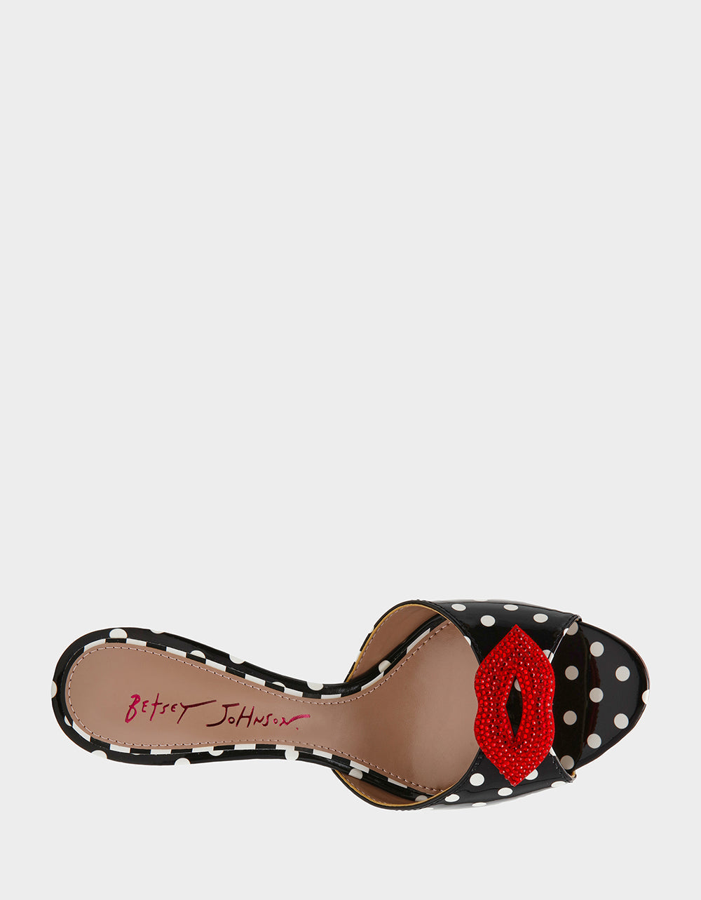 Betsey Johnson CASIDY WHITE BLACK POLKA DOT Women's Polka Dot Mule Heels with Rhinestone Lip