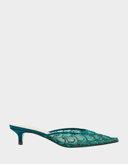 Betsey Johnson ELLIS EMERALD Pointed-Toe Mesh Embellished Mule Women's Kitten Heel
