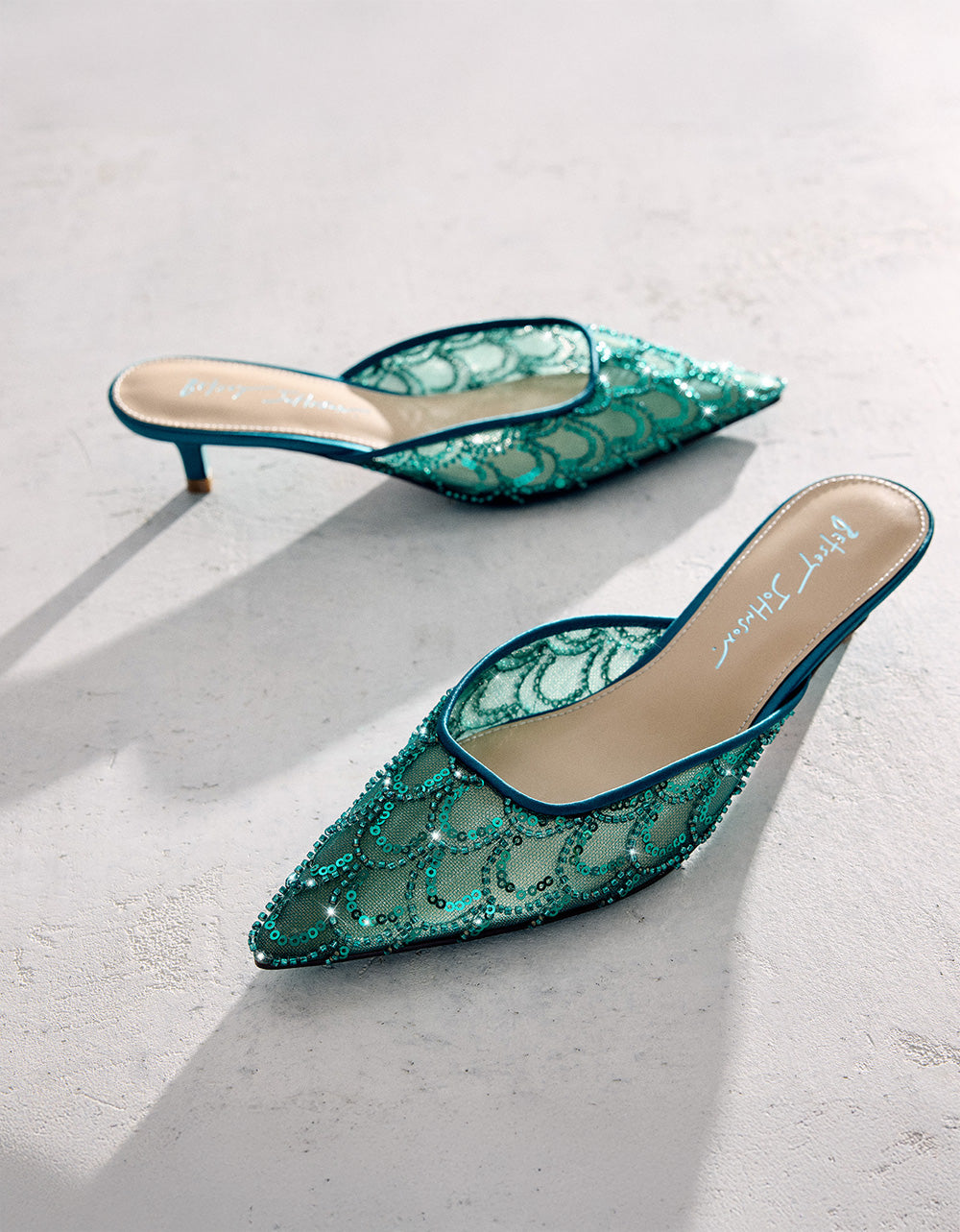Betsey Johnson ELLIS EMERALD Pointed-Toe Mesh Embellished Mule Women's Kitten Heel
