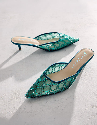 Betsey Johnson ELLIS EMERALD Pointed-Toe Mesh Embellished Mule Women's Kitten Heel