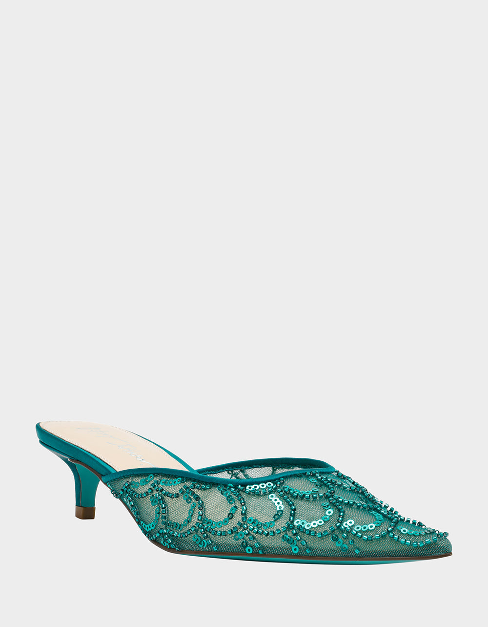 Betsey Johnson ELLIS EMERALD Pointed-Toe Mesh Embellished Mule Women's Kitten Heel