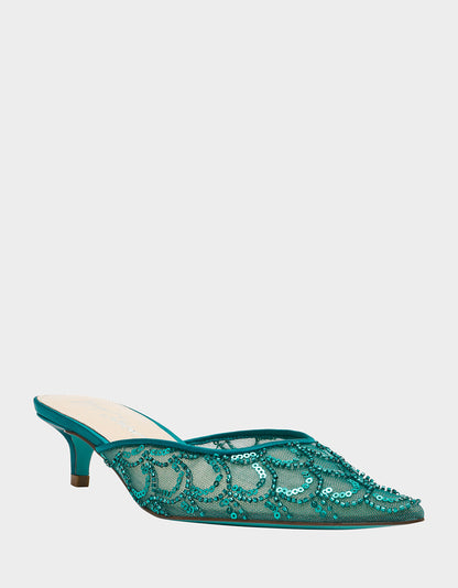 Betsey Johnson ELLIS EMERALD Pointed-Toe Mesh Embellished Mule Women's Kitten Heel