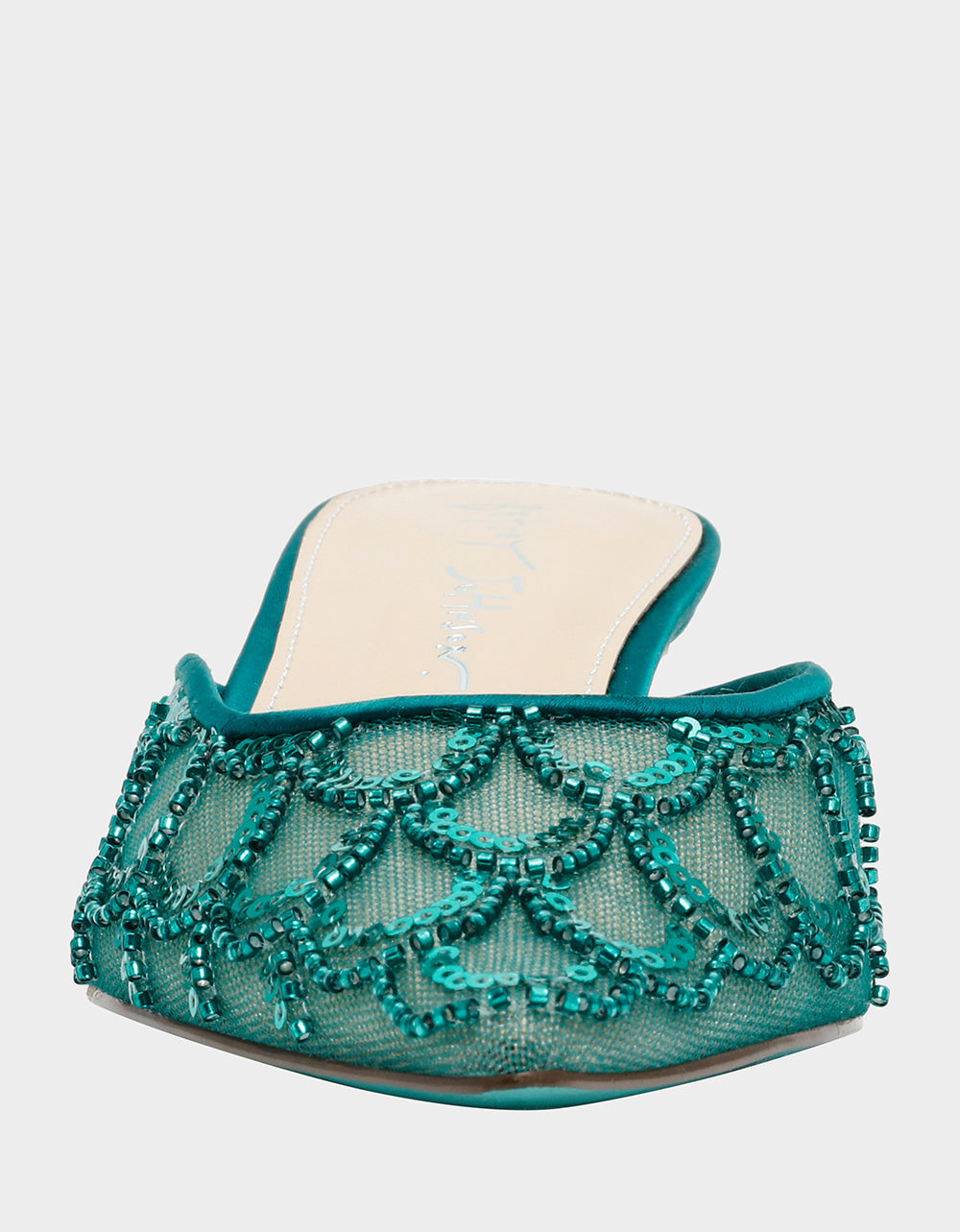 Betsey Johnson ELLIS EMERALD Pointed-Toe Mesh Embellished Mule Women's Kitten Heel