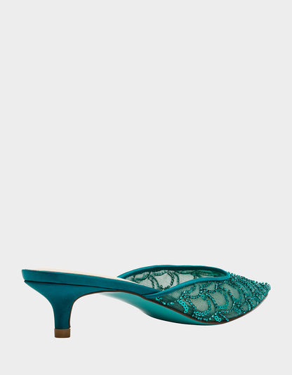 Betsey Johnson ELLIS EMERALD Pointed-Toe Mesh Embellished Mule Women's Kitten Heel
