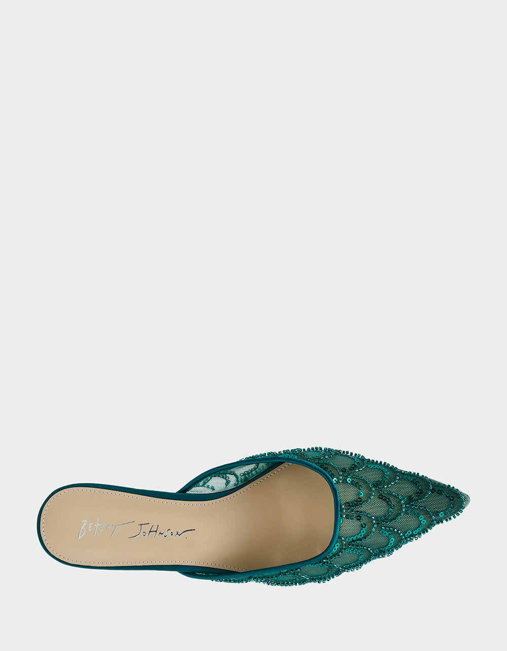 Betsey Johnson ELLIS EMERALD Pointed-Toe Mesh Embellished Mule Women's Kitten Heel