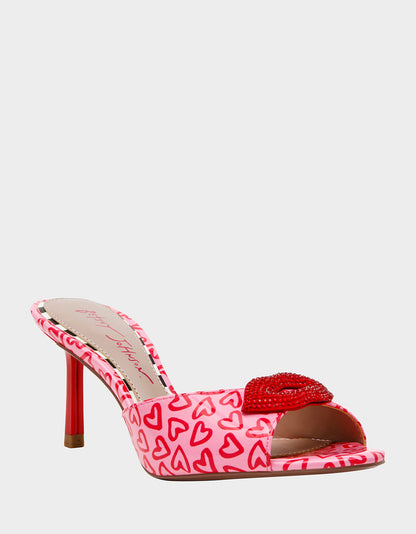 Betsey Johnson CASIDY PINK MULTI Women's Heart Print Mule Heel with Rhinestone Lip