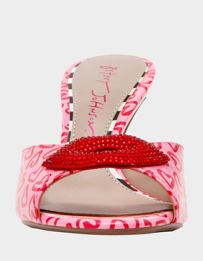 Betsey Johnson CASIDY PINK MULTI Women's Heart Print Mule Heel with Rhinestone Lip