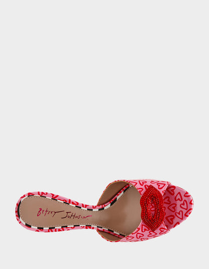 Betsey Johnson CASIDY PINK MULTI Women's Heart Print Mule Heel with Rhinestone Lip