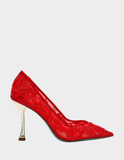 Betsey Johnson JENII RED Pointed-Toe Mesh Embellished Floral Print Pump Women's Heel