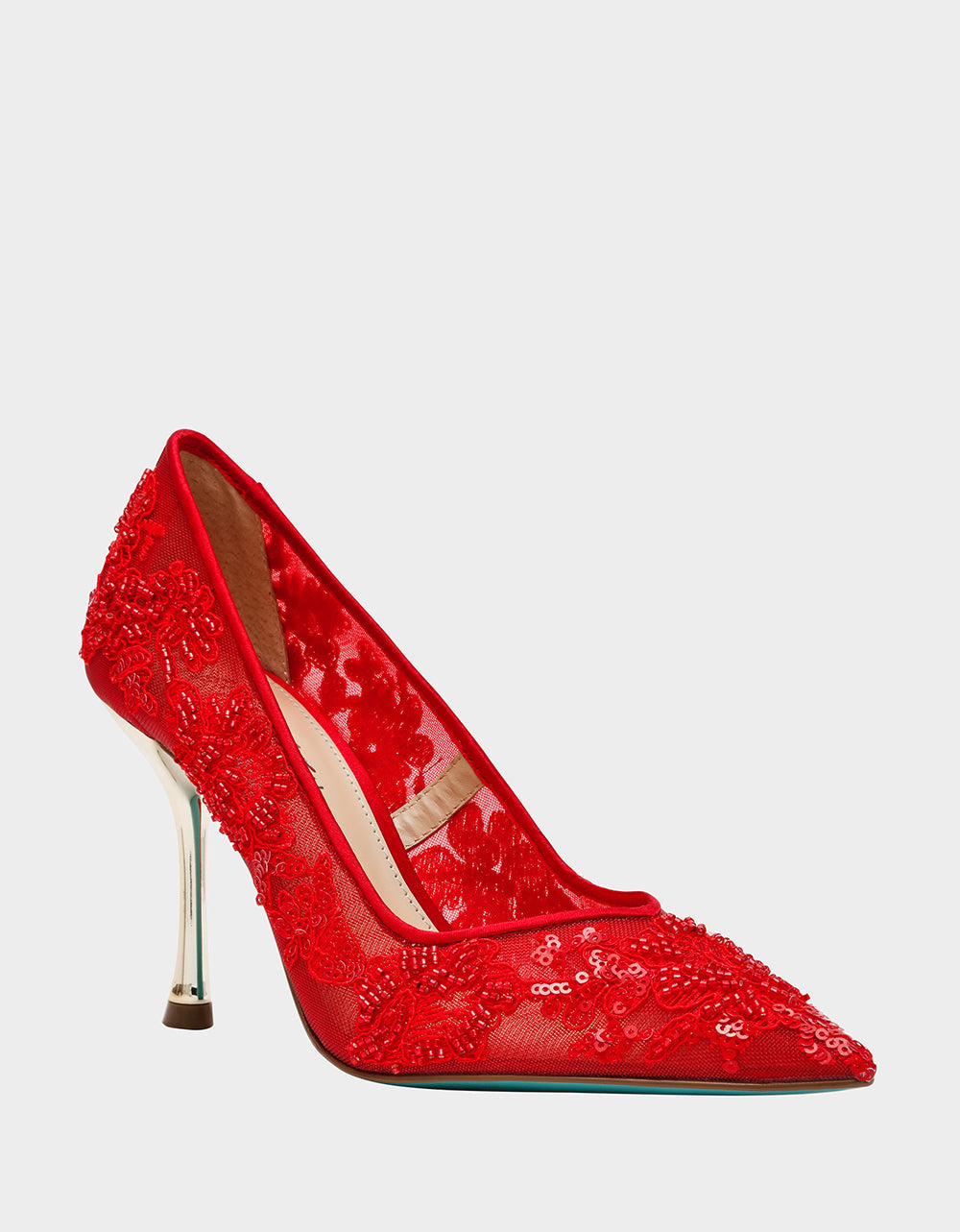 Betsey Johnson JENII RED Pointed-Toe Mesh Embellished Floral Print Pump Women's Heel