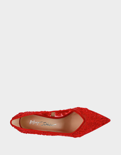 Betsey Johnson JENII RED Pointed-Toe Mesh Embellished Floral Print Pump Women's Heel
