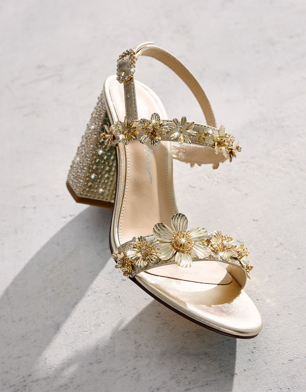 Betsey Johnson DRUE LIGHT GOLD Strappy Open-Toe Rhinestone Embellished Flower Women's Heel
