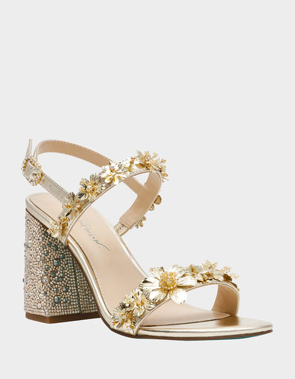 Betsey Johnson DRUE LIGHT GOLD Strappy Open-Toe Rhinestone Embellished Flower Women's Heel