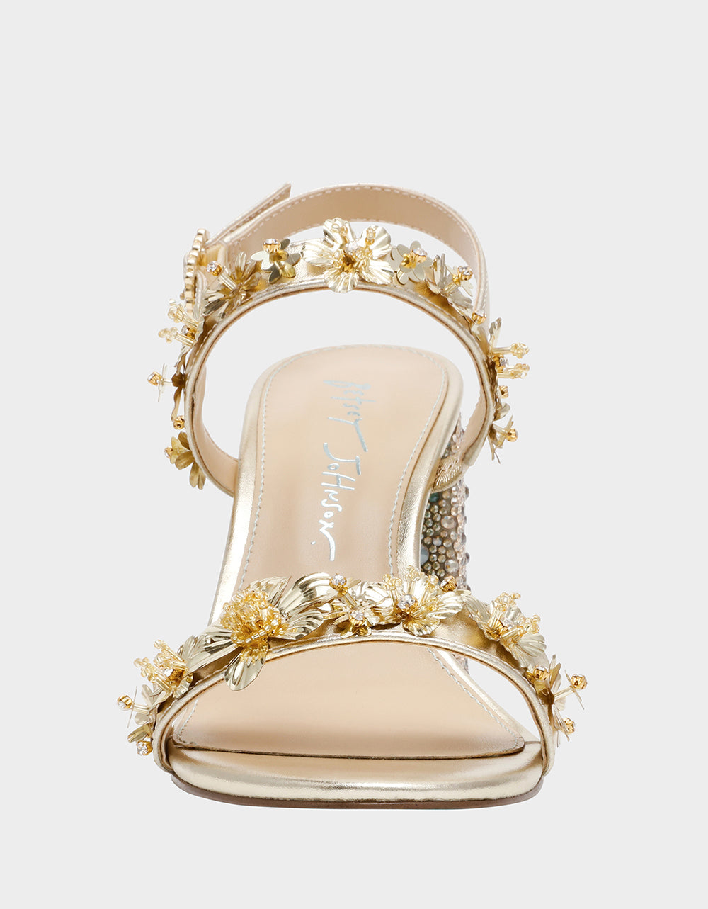 Betsey Johnson DRUE LIGHT GOLD Strappy Open-Toe Rhinestone Embellished Flower Women's Heel