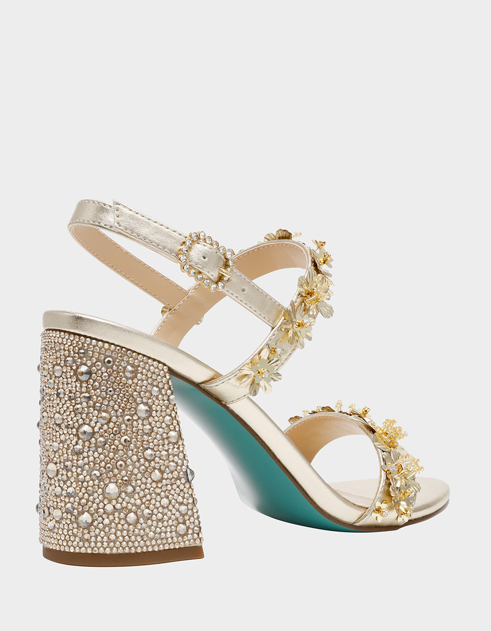 Betsey Johnson DRUE LIGHT GOLD Strappy Open-Toe Rhinestone Embellished Flower Women's Heel