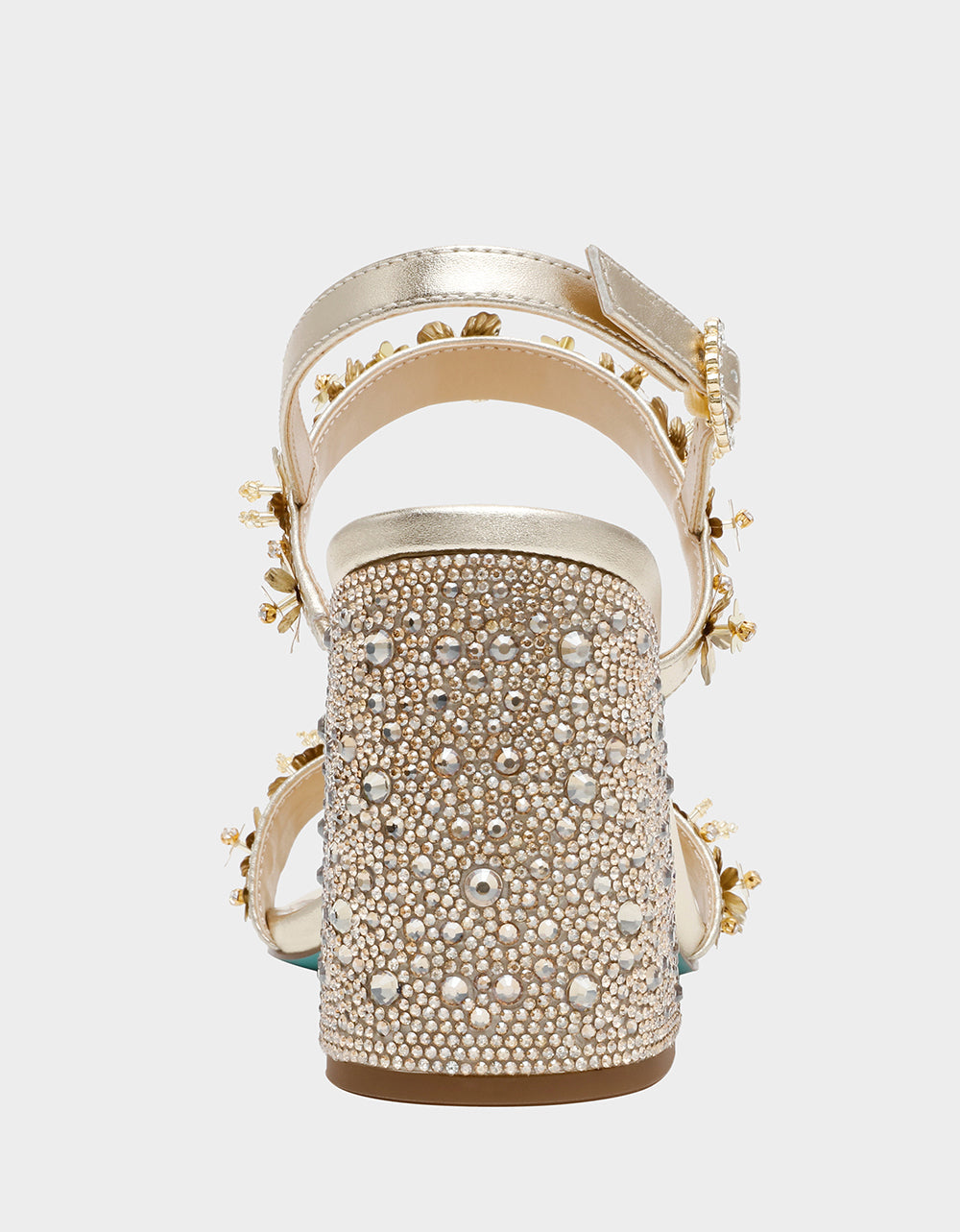 Betsey Johnson DRUE LIGHT GOLD Strappy Open-Toe Rhinestone Embellished Flower Women's Heel