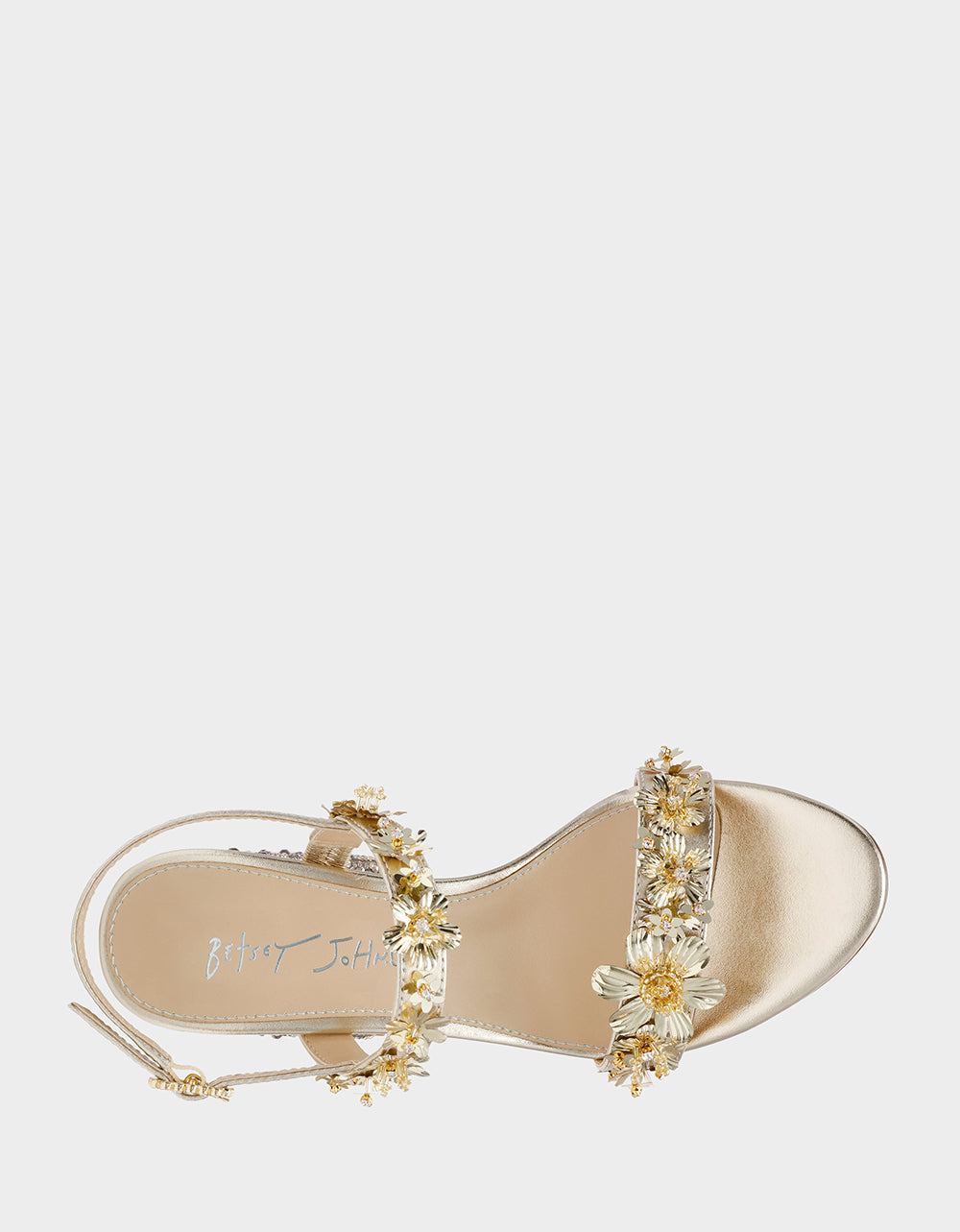 Betsey Johnson DRUE LIGHT GOLD Strappy Open-Toe Rhinestone Embellished Flower Women's Heel