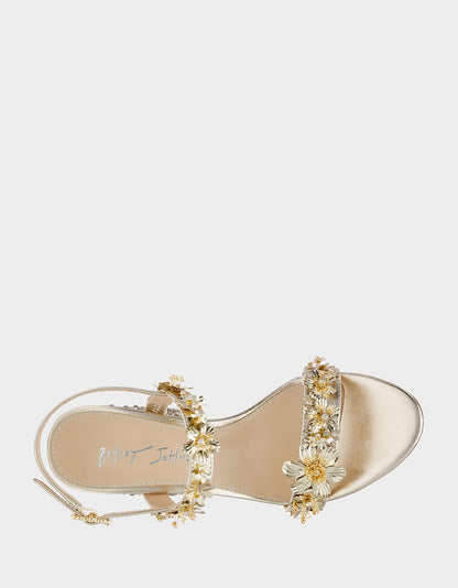 Betsey Johnson DRUE LIGHT GOLD Strappy Open-Toe Rhinestone Embellished Flower Women's Heel