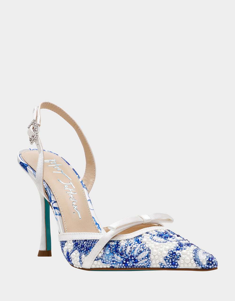 Betsey Johnson ROZA WHITE/BLUE FLORAL Women's Pointed Toe Stiletto Floral Heel
