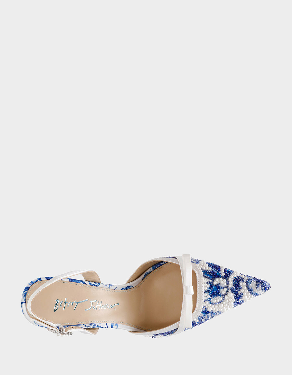 Betsey Johnson ROZA WHITE/BLUE FLORAL Women's Pointed Toe Stiletto Floral Heel