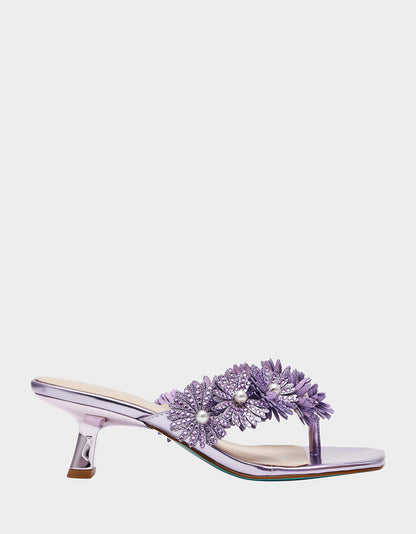 Betsey Johnson LESLI Purple Women's Square-Toe Mule Kitten Heel Rhinestone Embellished Flower Heel