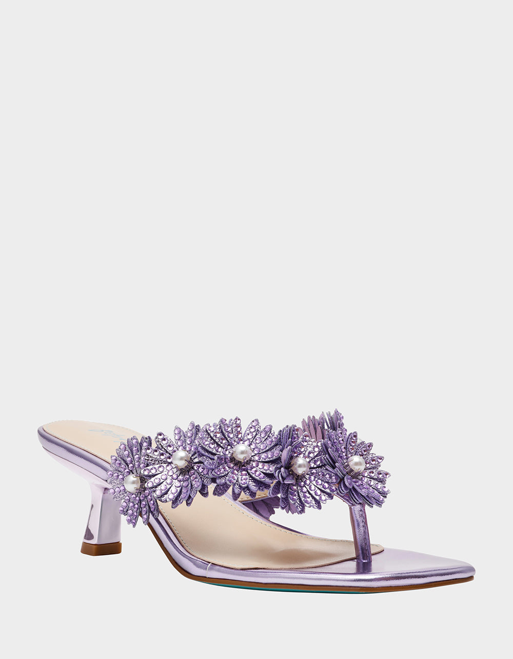 Betsey Johnson LESLI Purple Women's Square-Toe Mule Kitten Heel Rhinestone Embellished Flower Heel