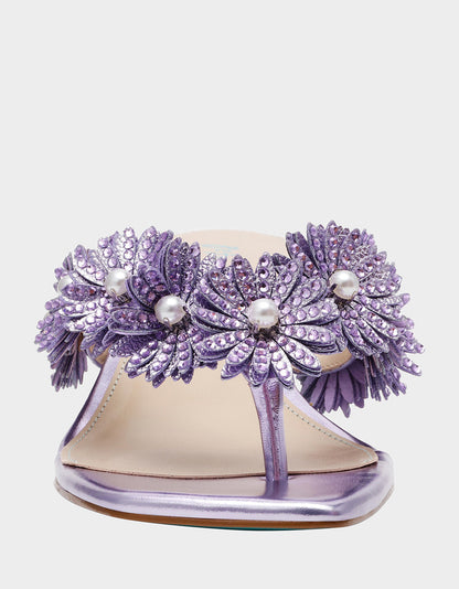 Betsey Johnson LESLI Purple Women's Square-Toe Mule Kitten Heel Rhinestone Embellished Flower Heel