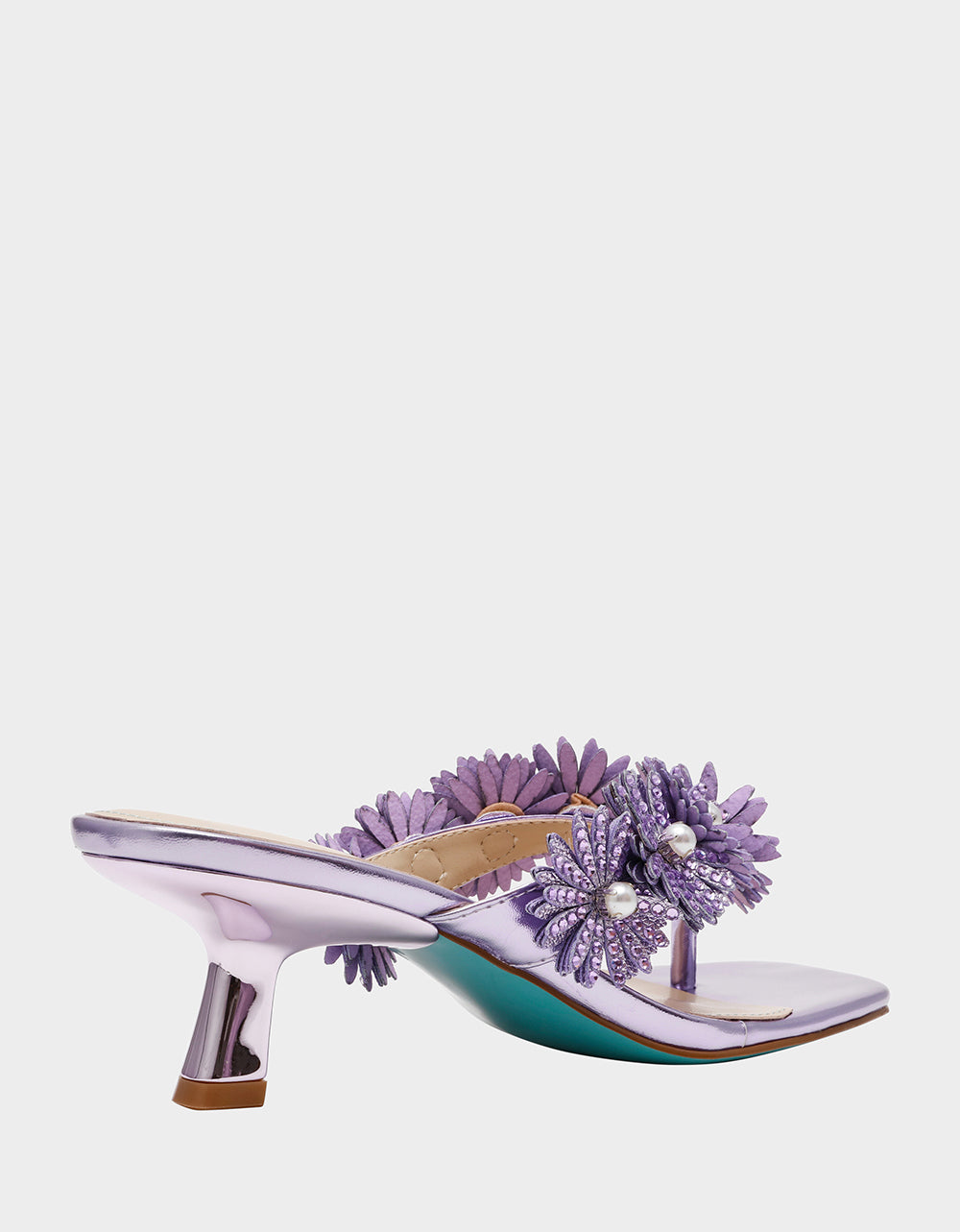 Betsey Johnson LESLI Purple Women's Square-Toe Mule Kitten Heel Rhinestone Embellished Flower Heel
