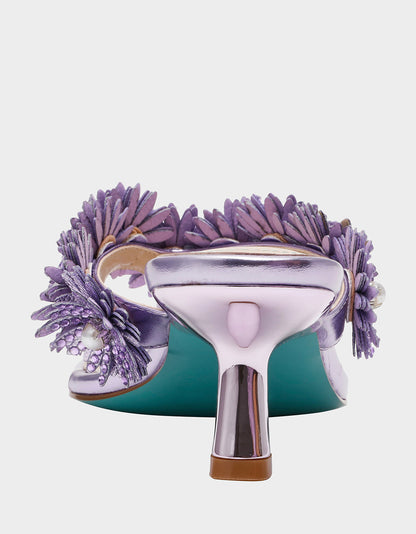 Betsey Johnson LESLI Purple Women's Square-Toe Mule Kitten Heel Rhinestone Embellished Flower Heel