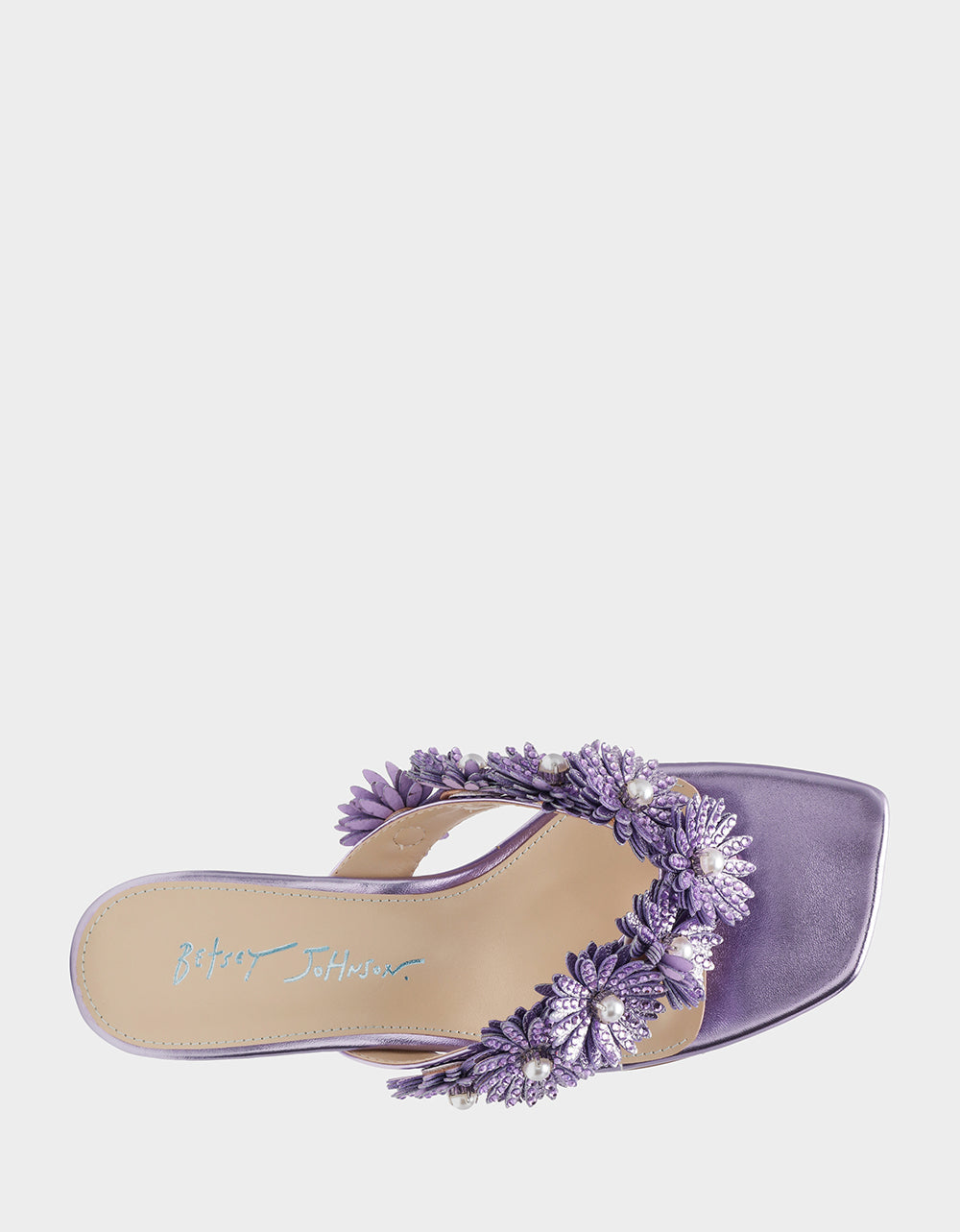 Betsey Johnson LESLI Purple Women's Square-Toe Mule Kitten Heel Rhinestone Embellished Flower Heel