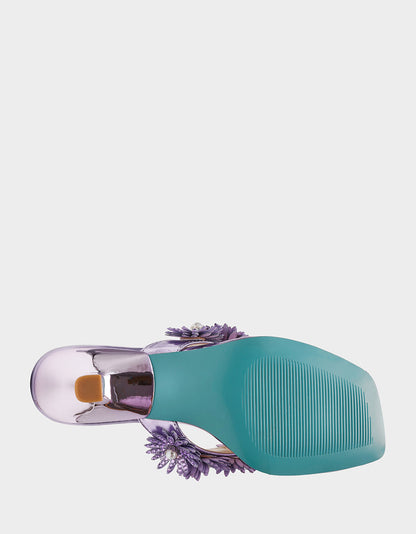 Betsey Johnson LESLI Purple Women's Square-Toe Mule Kitten Heel Rhinestone Embellished Flower Heel