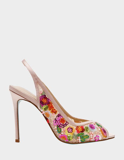 Betsey Johnson GERRI Nude Floral Embellished Peep-Toe Stiletto Women's Heel