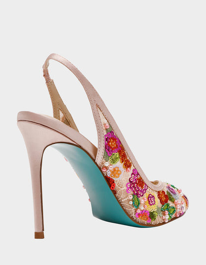 Betsey Johnson GERRI Nude Floral Embellished Peep-Toe Stiletto Women's Heel