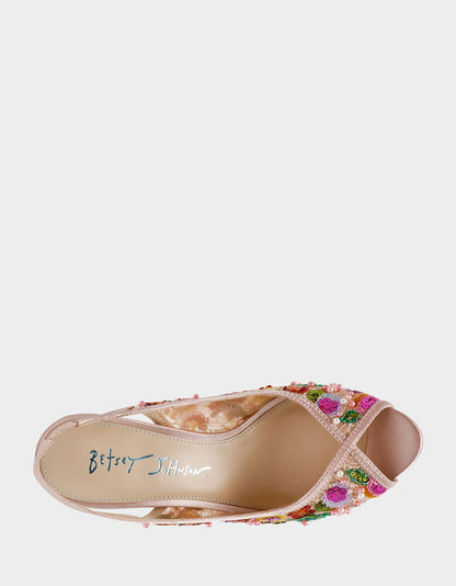 Betsey Johnson GERRI Nude Floral Embellished Peep-Toe Stiletto Women's Heel