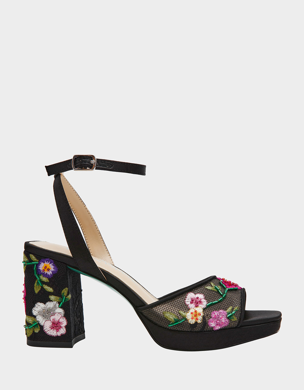 Betsey Johnson KENNI BLACK MULTI FLORAL Platform Block Heel Floral Print Mesh Women's Sandal