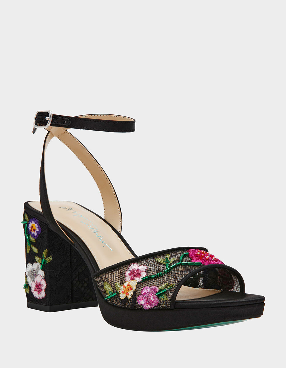 Betsey Johnson KENNI BLACK MULTI FLORAL Platform Block Heel Floral Print Mesh Women's Sandal