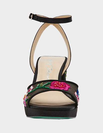 Betsey Johnson KENNI BLACK MULTI FLORAL Platform Block Heel Floral Print Mesh Women's Sandal