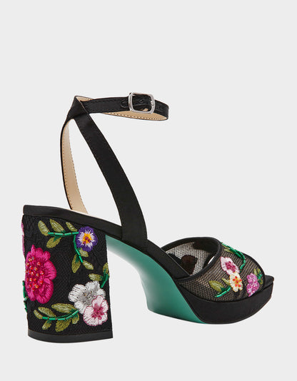Betsey Johnson KENNI BLACK MULTI FLORAL Platform Block Heel Floral Print Mesh Women's Sandal